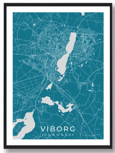 Viborg bykort i stilrent plakat design. Denne Viborg byplakat er med blå baggrund og viser Viborg kortet fra sin smukkeste side
