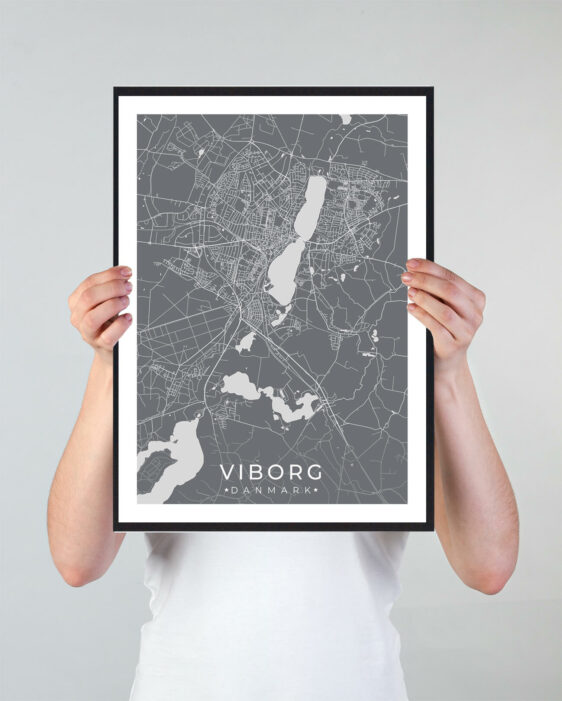 Viborg bykort i stilrent plakat design. Denne Viborg byplakat er med grå baggrund og viser Viborg kortet fra sin smukkeste side