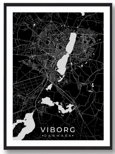 Viborg bykort i stilrent plakat design. Denne Viborg byplakat er med sort baggrund og viser Viborg kortet fra sin smukkeste side