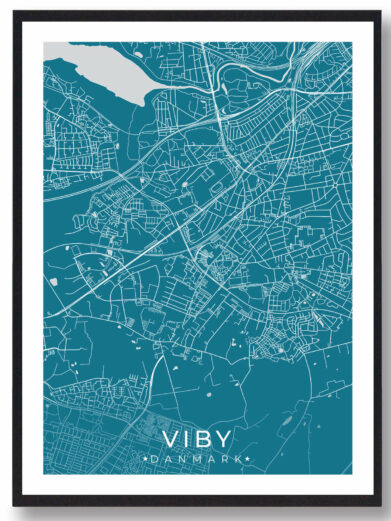 Viby bykort i stilrent plakat design. Denne Viby byplakat er med blå baggrund og viser Viby kortet fra sin smukkeste side