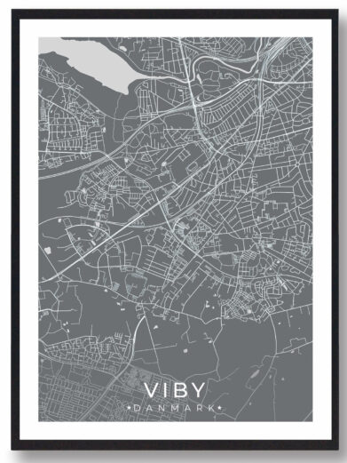 Viby bykort i stilrent plakat design. Denne Viby byplakat er med grå baggrund og viser Viby kortet fra sin smukkeste side