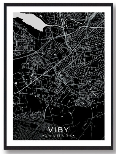 Viby bykort i stilrent plakat design. Denne Viby byplakat er med sort baggrund og viser Viby kortet fra sin smukkeste side