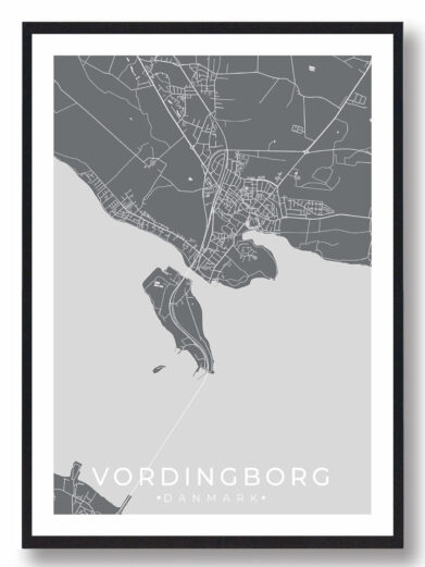 Vordingborg bykort i stilrent plakat design. Denne Vordingborg byplakat er med grå baggrund og viser Vordingborg kortet fra sin smukkeste side