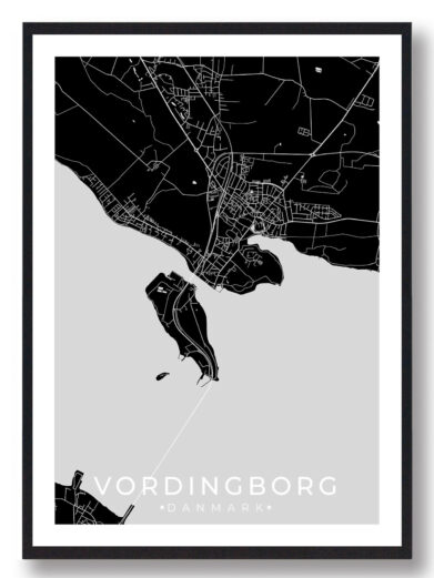 Vordingborg bykort i stilrent plakat design. Denne Vordingborg byplakat er med sort baggrund og viser Vordingborg kortet fra sin smukkeste side