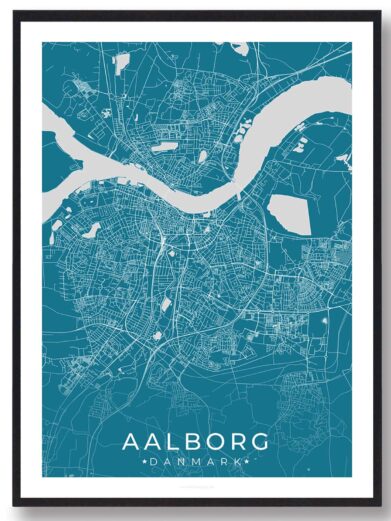 Aalborg bykort i stilrent plakat design. Denne Aalborg byplakat er med blå baggrund og viser Aalborg kortet fra sin smukkeste side