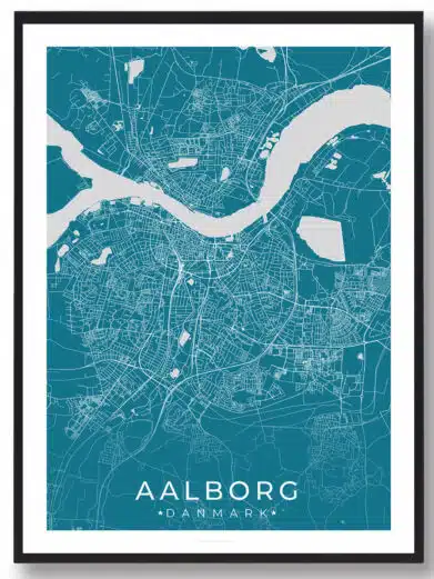Aalborg bykort i stilrent plakat design. Denne Aalborg byplakat er med blå baggrund og viser Aalborg kortet fra sin smukkeste side