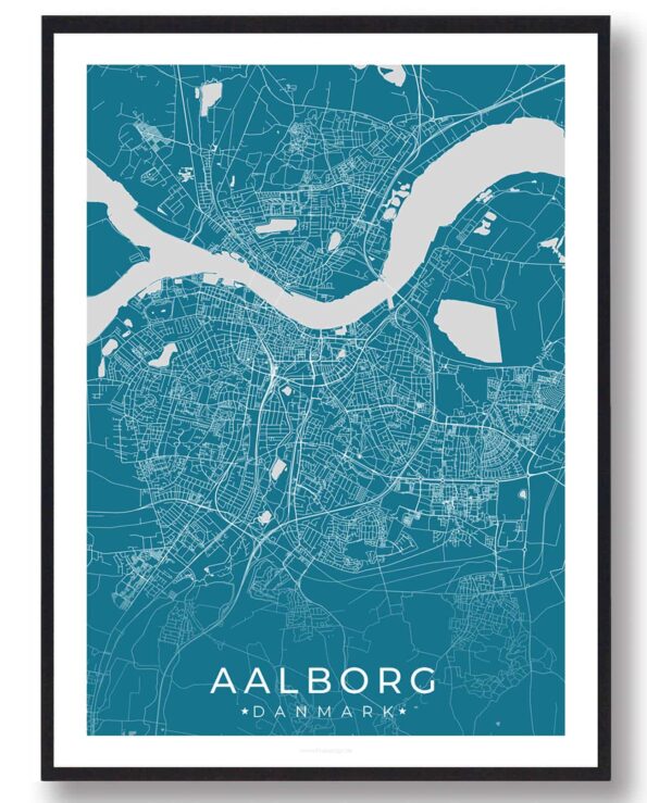 Aalborg bykort i stilrent plakat design. Denne Aalborg byplakat er med blå baggrund og viser Aalborg kortet fra sin smukkeste side