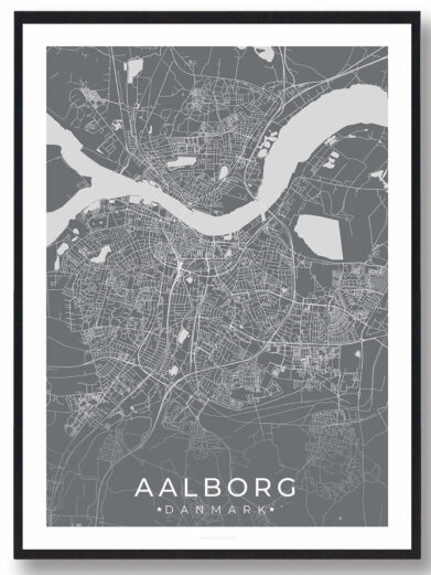 Aalborg bykort i stilrent plakat design. Denne Aalborg byplakat er med grå baggrund og viser Aalborg kortet fra sin smukkeste side
