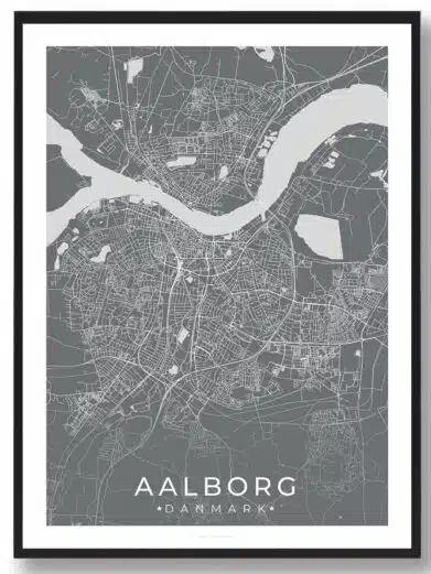 Aalborg bykort i stilrent plakat design. Denne Aalborg byplakat er med grå baggrund og viser Aalborg kortet fra sin smukkeste side