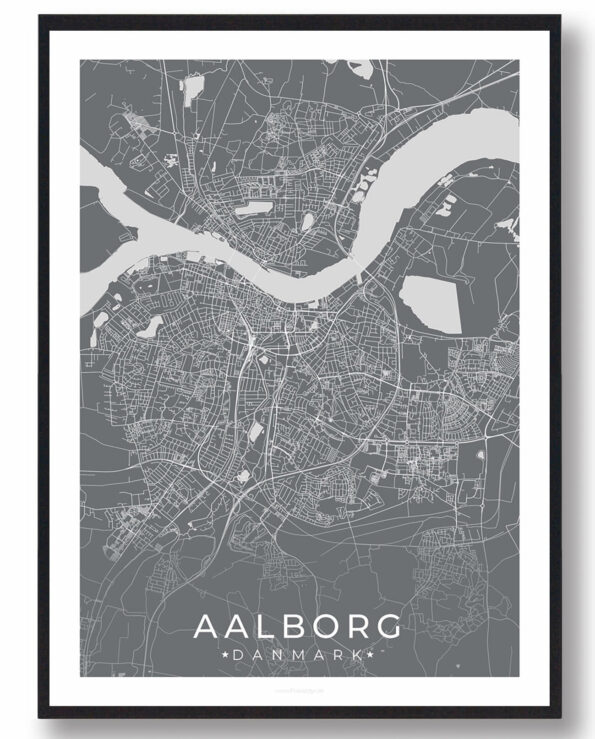 Aalborg bykort i stilrent plakat design. Denne Aalborg byplakat er med grå baggrund og viser Aalborg kortet fra sin smukkeste side