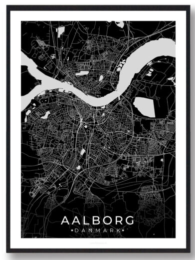 Aalborg bykort i stilrent plakat design. Denne Aalborg byplakat er med sort baggrund og viser Aalborg kortet fra sin smukkeste side