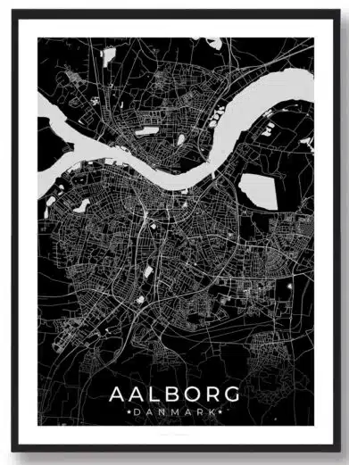 Aalborg bykort i stilrent plakat design. Denne Aalborg byplakat er med sort baggrund og viser Aalborg kortet fra sin smukkeste side