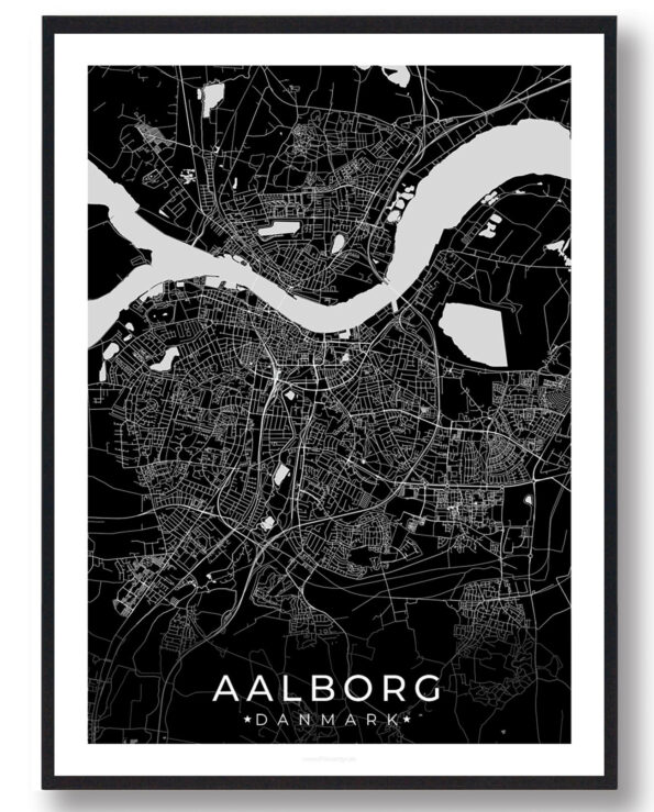 Aalborg bykort i stilrent plakat design. Denne Aalborg byplakat er med sort baggrund og viser Aalborg kortet fra sin smukkeste side