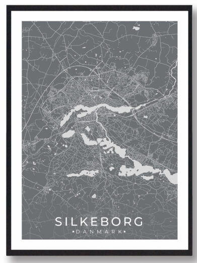 Silkeborg bykort i stilrent plakat design. Denne Silkeborg byplakat er med grå baggrund og viser Silkeborg kortet fra sin smukkeste side