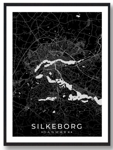 Silkeborg bykort i stilrent plakat design. Denne Silkeborg byplakat er med sort baggrund og viser Silkeborg kortet fra sin smukkeste side