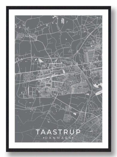 Taastrup bykort i stilrent plakat design. Denne Taastrup byplakat er med grå baggrund og viser Taastrup kortet fra sin smukkeste side