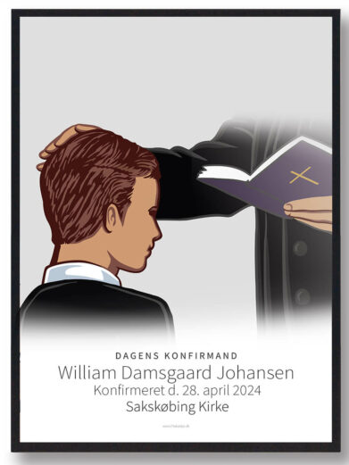 Konfirmationsplakat, der viser en præst med bibel, der holder hånd på drengs hoved