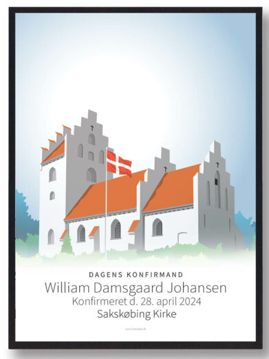 Konfirmationsplakat med navn, der afbilleder en hvid kirke