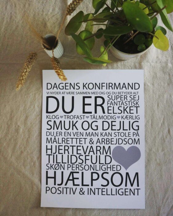 Konfirmation plakat med dagens konfirmand. Billig gaveide til konfirmanden som husker den store dag med glæde