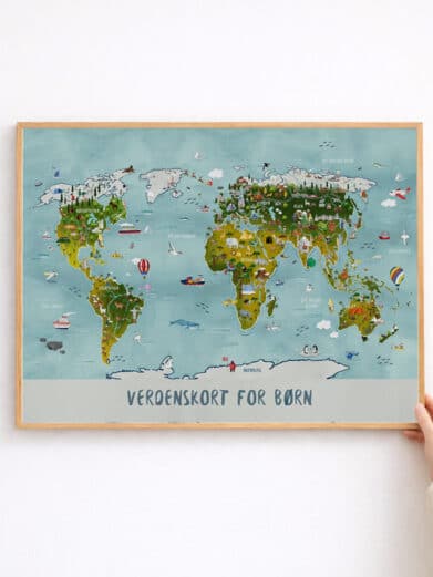 Verdenskort til børn - håndtegnet plakat