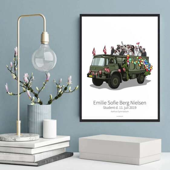 Personlig studenterplakat med studenter, der kører studenterkørsel