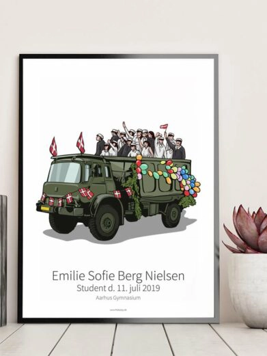 Personlig studenterplakat med studenter, der kører studenterkørsel på hvid baggrund