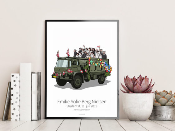 Personlig studenterplakat med studenter, der kører studenterkørsel på hvid baggrund