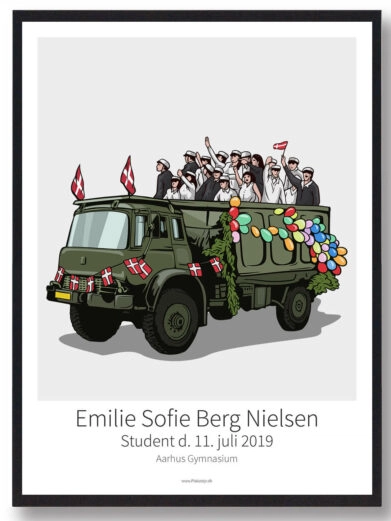 Studenterkørsel plakat med en masse studenter siddende i vognen