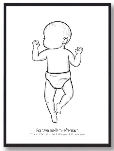 Simpel fødselsplakat uden baggrund. En baby er i centrum, som ligger på ryggen med armene op til hovedet