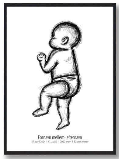 Elegant og moderne fødselsskitse plakat med en sovende baby liggende på siden