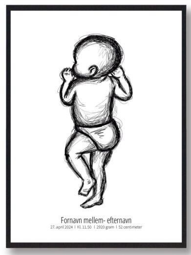Fødselsplakat uden baggrund med baby liggende halvt på siden. Babyens ene hånd er ved munden
