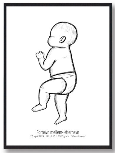 Fødselsplakat med baby, der ligger på siden og sover