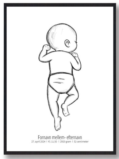 Flot 1:1 fødselsplakat, du selv har mulighed for at designe med din babys navn, fødselsdato, klokkeslæt, vægt og højde
