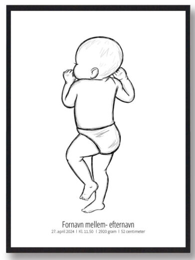 Moderne fødselsplakat med baby, der ligger halv på siden og har sin ene hånd oppe ved munden