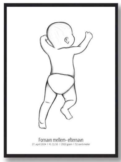 Flot 1:1 fødselstavle, du selv har mulighed for at designe med din babys navn, fødselsdato, klokkeslæt, vægt og højde