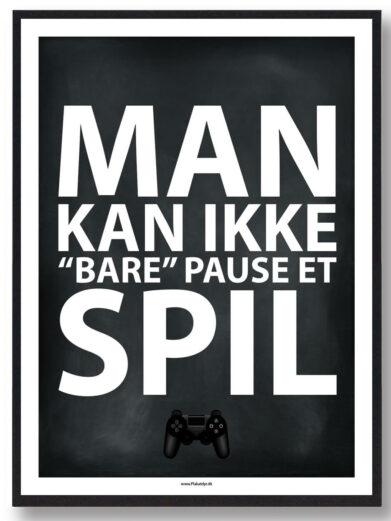 Sort og hvid gamerplakat med citat og en lille controller nederst