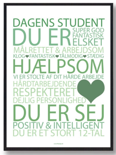 Studenterplakat med citat med grøn skrift på hvid baggrund