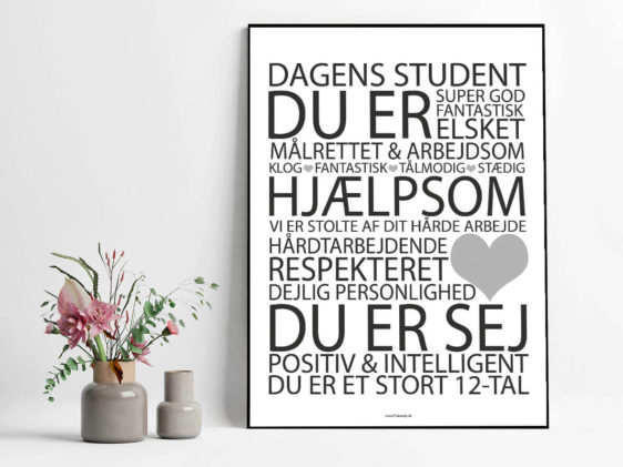 Student citatplakat med sort skrift på hvid baggrund. Perfekt gaveidé til studenten