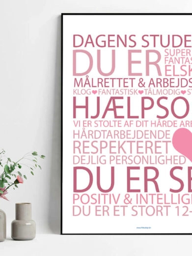 Studenterplakat med citater i lyserød på hvid baggrund. Perfekt som gaveidé til studenten.