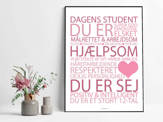 Studenterplakat med citater i lyserød på hvid baggrund. Perfekt som gaveidé til studenten.