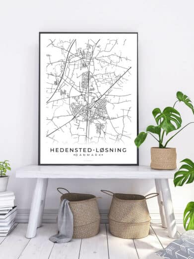 Hedensted-Løsning by plakat - hvid: Black frame, white map art print. Midtjylland, Danmark. Detailed city street layout. Minimalist style.