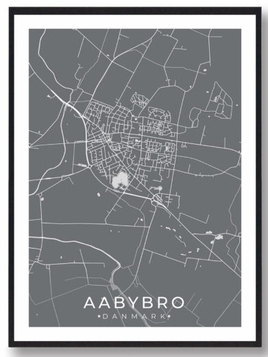Aabybro bykort i stilrent plakat design. Denne Aabybro byplakat er med grå baggrund og viser Aabybro kortet fra sin smukkeste side