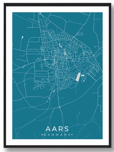 Aars bykort i stilrent plakat design. Denne Aars byplakat er med blå baggrund og viser Aars kortet fra sin smukkeste side