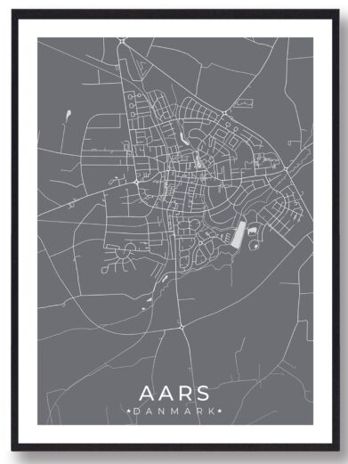 Aars bykort i stilrent plakat design. Denne Aars byplakat er med grå baggrund og viser Aars kortet fra sin smukkeste side