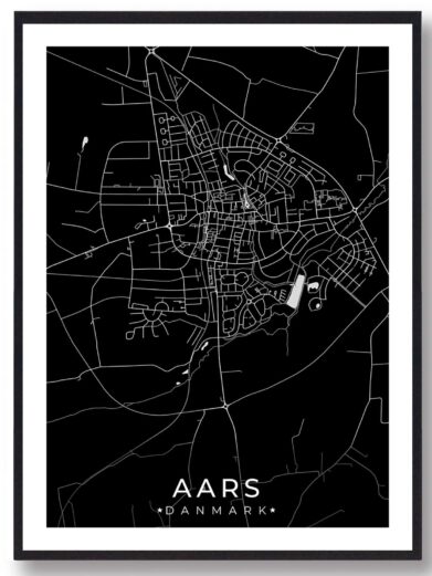 Aars bykort i stilrent plakat design. Denne Aars byplakat er med sort baggrund og viser Aars kortet fra sin smukkeste side