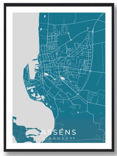 Assens bykort i stilrent plakat design. Denne Assens byplakat er med blå baggrund og viser Assens kortet fra sin smukkeste side