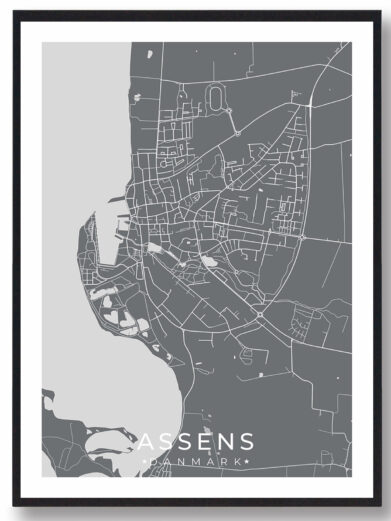 Assens bykort i stilrent plakat design. Denne Assens byplakat er med grå baggrund og viser Assens kortet fra sin smukkeste side