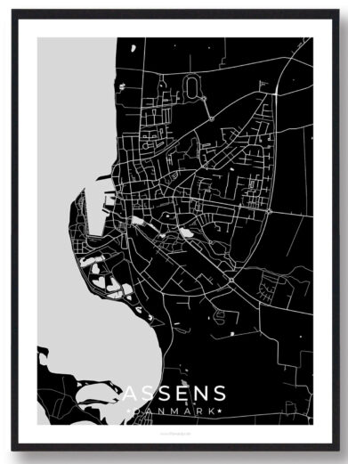 Assens bykort i stilrent plakat design. Denne Assens byplakat er med sort baggrund og viser Assens kortet fra sin smukkeste side