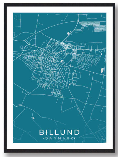 Billund bykort i stilrent plakat design. Denne Billund byplakat er med blå baggrund og viser Billund kortet fra sin smukkeste side
