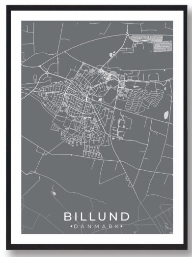 Billund bykort i stilrent plakat design. Denne Billund byplakat er med grå baggrund og viser Billund kortet fra sin smukkeste side